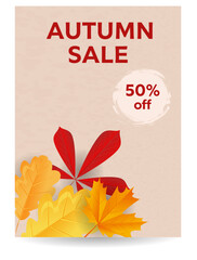 Autumn sale text on a light beige background with red and yellow fall leaves to the right. Template for sale promotion banner or poster