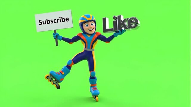 Animated Rollerblade Mascot Promoting Engagement - An animated rollerblade mascot is enthusiastically posing against a green background, holding a "Subscribe" sign in one hand and a 3D "Like" text in