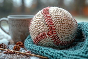 Cozy Crochet Baseball and Warm Drink on a Winter Day.
