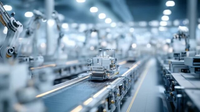 Automated factory assembly line with robotic arms and conveyor belts.
