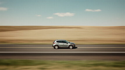 Obraz premium White SUV driving on empty road across open desert landscape under blue sky, capturing concept of freedom, mobility, speed and sustainable transport with copy space.