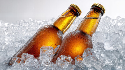 Two amber bottles of refreshing beer keeping cold surrounded by clear ice