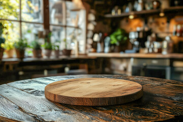 Rustic wooden cutting board on a weathered table in a cozy indoor caf? setting