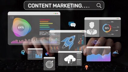 Content marketing interface with data dashboards, analytics charts, and content tools. Marketing...
