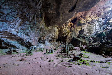 Nimara cave near Marmaris, Turkey inside. Stalactites stalagmites and streak formations in cave of...