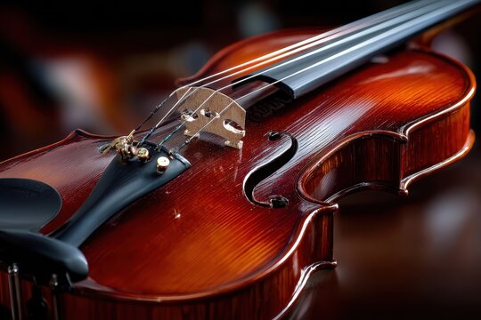 Closeup of polished violin bridge and strings