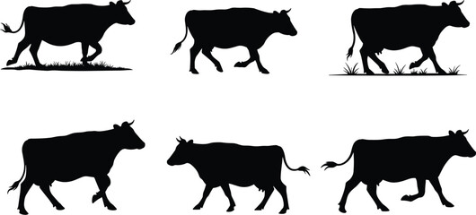 Silhouette vector illustration of walking cows in different poses with horns, tails, and grass elements for farm livestock design