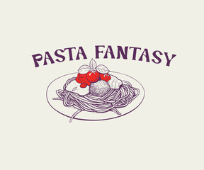 Pasta lover t shirt design, Italian food lover artwork, Pasta garnishes on plate vector illustration, Pasta Hand drawn art for poster, screen print, menu card 