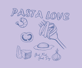 Pasta ingredients vector illustration, Pasta lover club vector design, Pasta in fork, cheese, tomato, egg, shrimp, onion line art, Food lover artwork for t shirt, poster graphic print