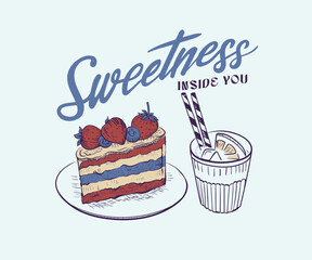 Retro vintage bakery artwork, Fruits pastry and lemon juice hand drawn vector art,  Pastry cake lover design for t shirt, poster, graphic print 