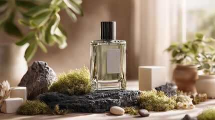 Luxury perfume spray mockup on rocks and green moss. Background is light beige, an empty label awaits. This elegant bottle on a natural display evokes a sense of refined simplicity.