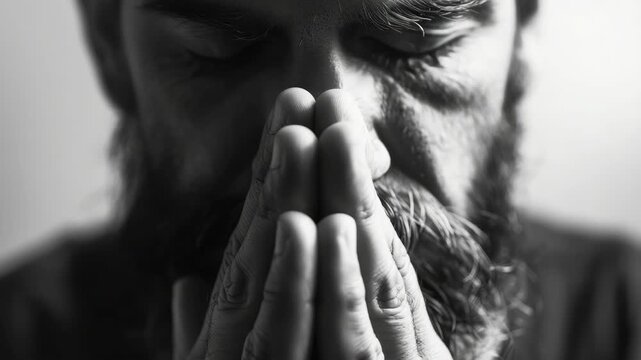 A man's face in black and white, praying with his eyes closed and hands folded together. He has a beard and mustache.