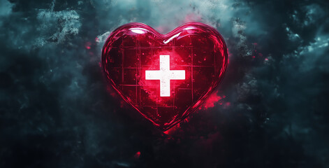 Heart symbol representing health and care, glowing red with medical cross, surrounded by dark, smoky background, evokes sense of urgency