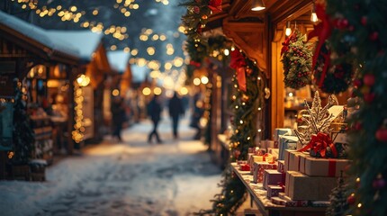 Christmas market street with snow, glowing lights, decorated stalls, festive wreaths and gift boxes, capturing magical winter holiday atmosphere, European seasonal fair and joyful celebration