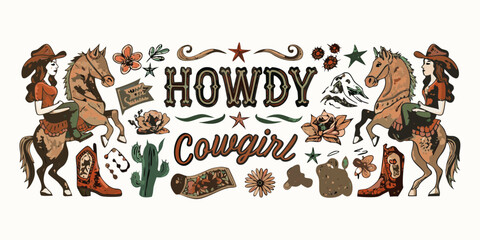 Howdy cowgirl western illustration with horses boots cactus and flowers
