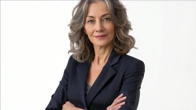 A professional looking woman with crossed arms, wearing a dark suit jacket and a light blouse.