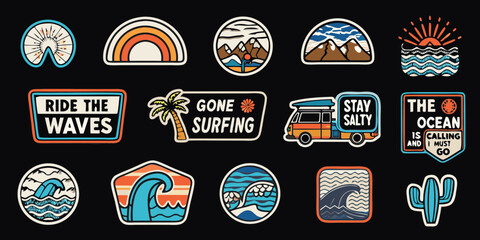 Collection of retro style ocean and beach themed patches and stickers with inspirational quotes
