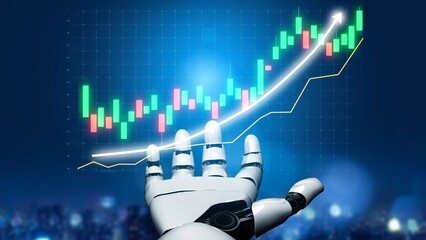 A futuristic robotic hand reaches towards a vibrant growth graph, symbolizing the intersection of...