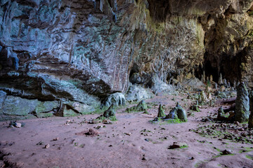 Nimara cave near Marmaris, Turkey inside. Stalactites stalagmites and streak formations in cave of...