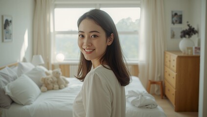 Woman turning back and smiling in bright bedroom with wooden furniture  