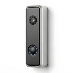 Obraz premium A close up of a smart doorbell with camera and button mounted on a white wall in a well lit area