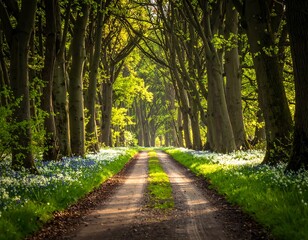 Sunny woodland path lined with trees