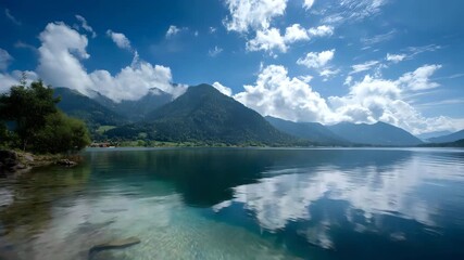 Crystal-clear lake with mountain backdrop, floating clouds adding depth to sky, soothing and relaxing scenic view - Powered by Adobe