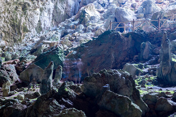 Nimara cave near Marmaris, Turkey inside. Stalactites stalagmites and streak formations in cave of...