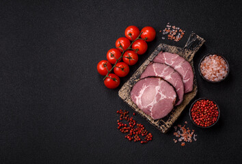 Ham, a meat cooked and sliced for sandwiches or Christmas table. Ham slices