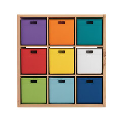 Colorful fabric storage cubes in a wooden organizer shelf