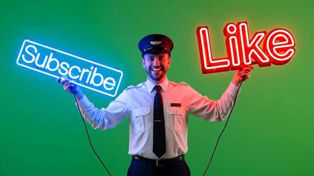 Neon Sign Promoting Subscription and Engagement - A cheerful train conductor holds two vibrant neon signs, one that says "Subscribe" in blue and the other "Like" in red.