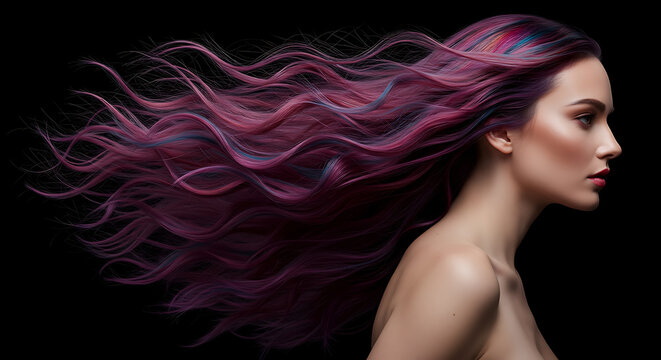 Woman with flowing purple hair against a black background - Powered by Adobe