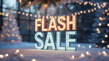 Festive flash sale sign with christmas lights and snowy background for promotion