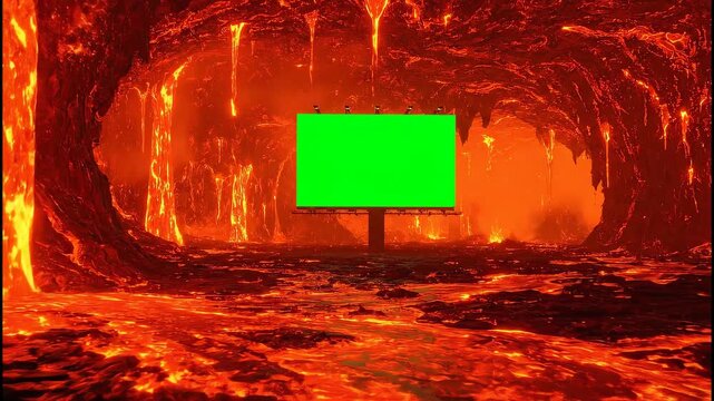 Billboard with green screen in a hellish fiery landscape