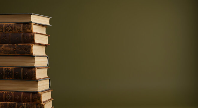 Stack of antique leather bound books against a muted green background