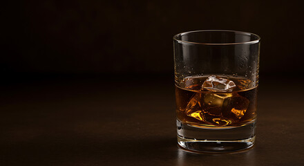 Glass of whiskey with ice cubes on a dark background