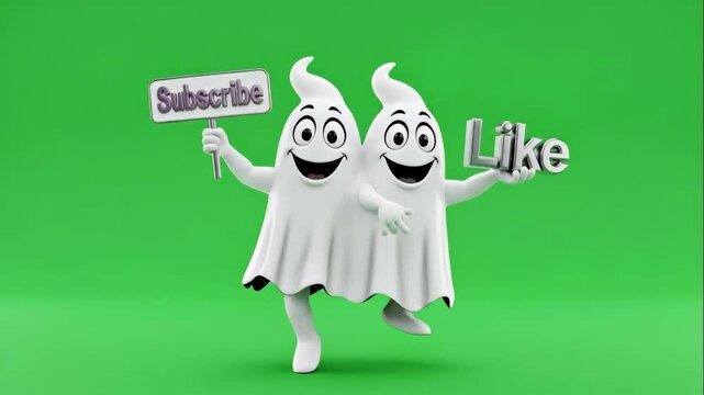 Cheerful Two-Headed Ghost Mascot Promoting Engagement - This vibrant video features a cheerful two-headed ghost mascot, one holding a "Subscribe" sign and the other holding a "Like" sign.