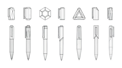 Pens: An architectural study presenting an array of pens, meticulously rendered in a clean, minimalist style. Focusing on form and structure, the collection showcases variations in design.