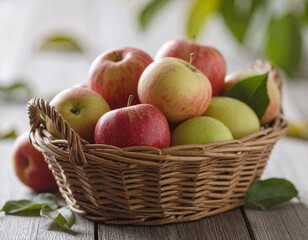 Fresh autumn apples in rustic basket on wooden table with fall leaves
