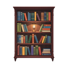 Antique wooden bookshelf filled with colorful books and a warm lamp