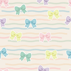 Seamless pattern with bows in flat design style, colorful bows on a background with smooth wavy lines and soft curves, light and playful style