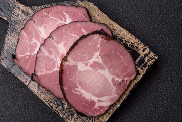 Ham, a meat cooked and sliced for sandwiches or Christmas table. Ham slices