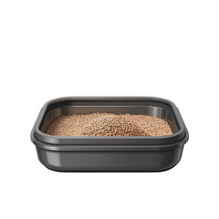 Small square black plastic container filled with grains
