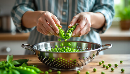 Woman snapping green peas from pod into colander in kitchen  