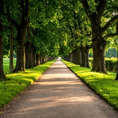 Obraz premium Sunlit pathway lined with trees