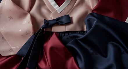 Elegant flat lay composition of traditional Korean Hanbok fabric featuring a pastel pink Jeogori jacket and dark navy silk skirt, highlighting the smooth texture, vibrant colors, and classic Asian fas