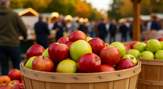 Apples in basket on market stall during autumn harvest season  