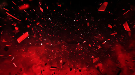 Explosive red and black fragments create dynamic visual effect, conveying energy and intensity in dramatic scene