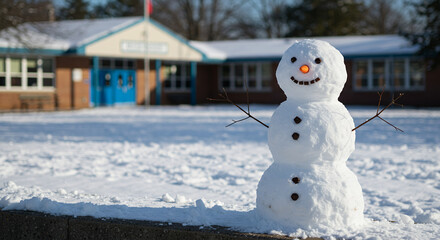 Obraz premium Snowman smiling in snowy playground outside school on winter day 