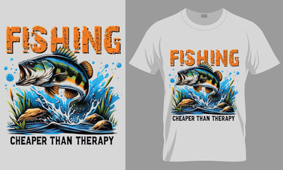 Fishing Cheaper Than Therapy T-Shirt Design Vector - Funny Bass Fish Jump Illustration
